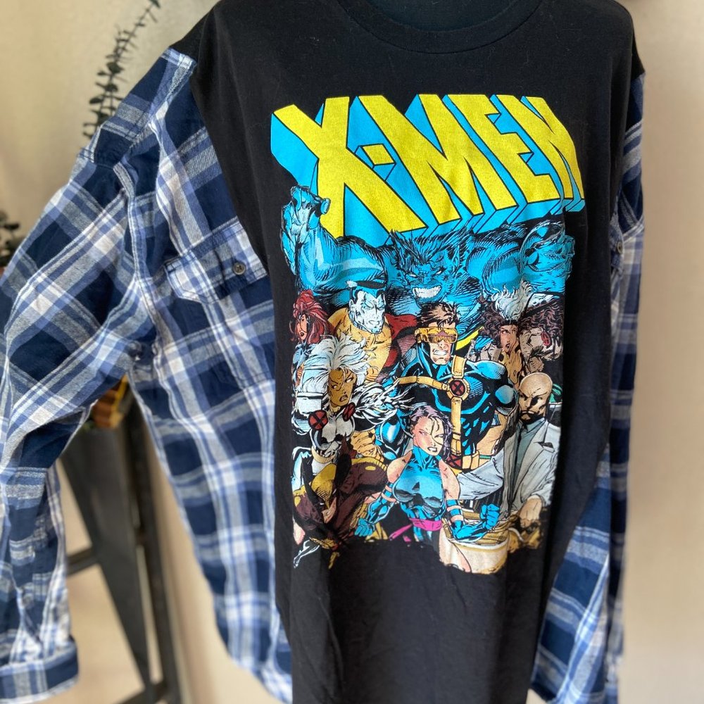 🔥SOLD🔥 Marvel Classic X-Men Handmade Refashioned Upcycled Plaid Flannel ~L/XL - Picture 2 of 4